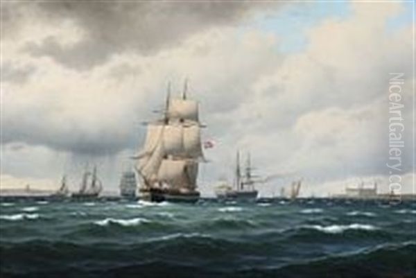 Swedish, Norwegian And Danish Ships At Sea Off Kronborg Castle Oil Painting by Carl Emil Baagoe