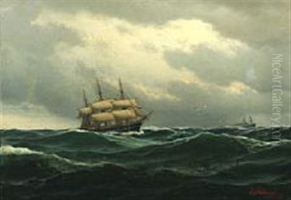 Frigate And Steamship Under A Cloudy Sky Oil Painting by Carl Emil Baagoe