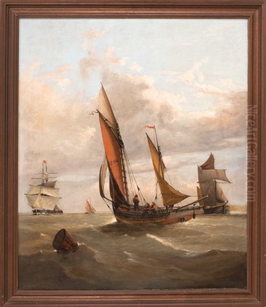 Shipping Scene With A Buoy And Numerous Vessels In A Busy Shipping Channel Oil Painting by Carl Emil Baagoe