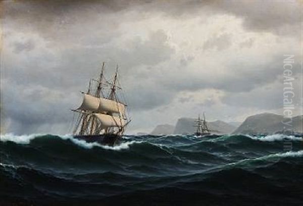 Seascape With Ships In Rough Sea Oil Painting by Carl Emil Baagoe