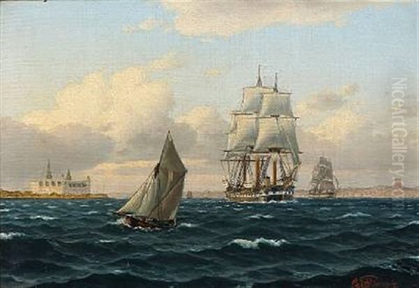 Seascape With Sailing Ships Out Shore Kronborg Castle Oil Painting by Carl Emil Baagoe