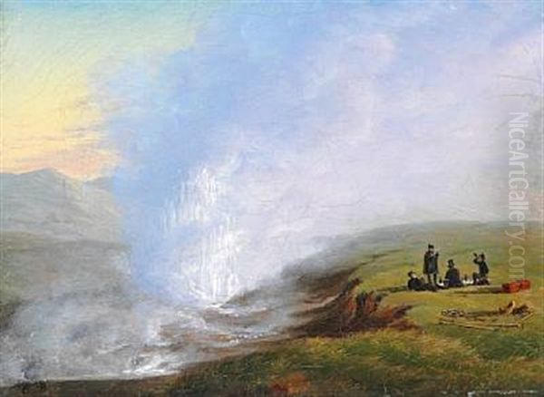 Wanderers Picnicking Near The Hot Springs Near Uxahver, Iceland by Carl Emil Baagoe