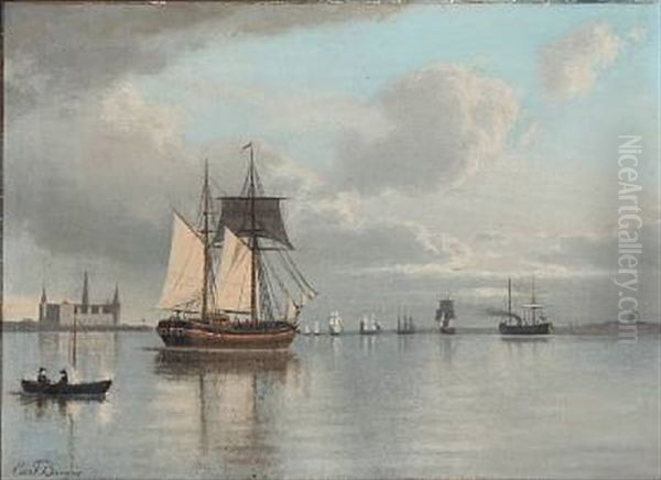 Sailing Ships Off The Shore Of Kronborg Castle Oil Painting by Carl Emil Baagoe