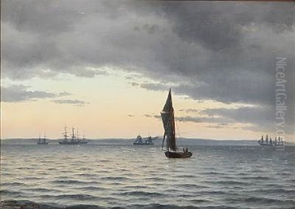 Udsigt Over Sundet Fra Snekkersten Ved Den Svenske Kyst. Eftermiddag (henad Aften) I October. Det Klarer Op I Horizonten Efter En Regnfuld Dag. Malet Efter Naturen Oil Painting by Carl Emil Baagoe