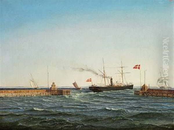 Seascape With Ships Off The Pier Oil Painting by Carl Emil Baagoe