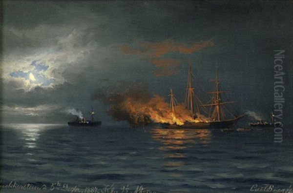 Brennender Dreimaster Bei Nacht An Der Kuste Von Snekkersten Bei Helsingor Auf Seeland Oil Painting by Carl Emil Baagoe