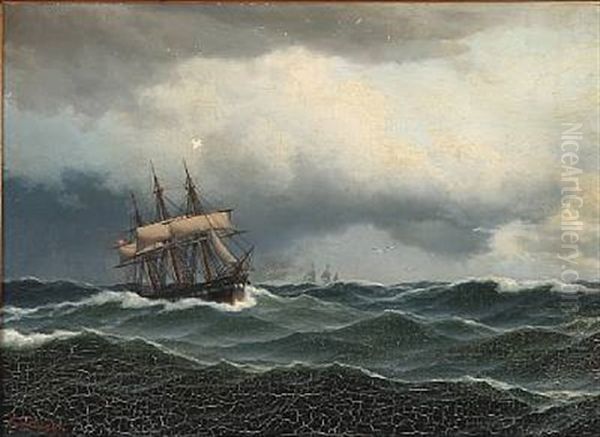 Seascape With A Sailing Ship In High Waves Oil Painting by Carl Emil Baagoe