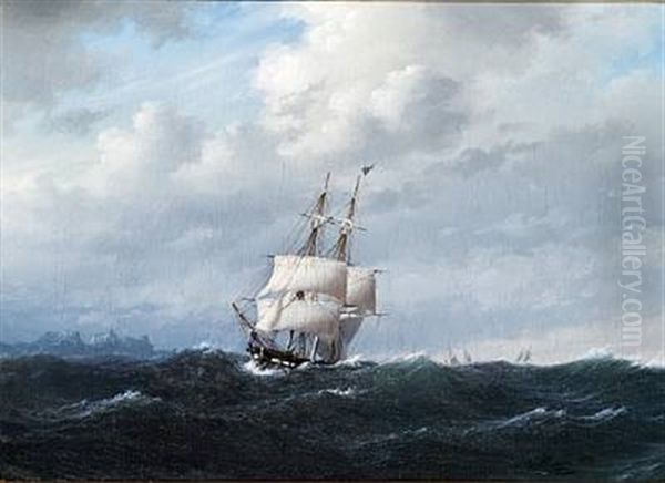 Den Danske Brig Ornen Forlader Island, I Baggrunden Laugarfjeldet Oil Painting by Carl Emil Baagoe