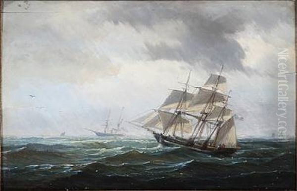 Seascape With Ships In High Waves Oil Painting by Carl Emil Baagoe