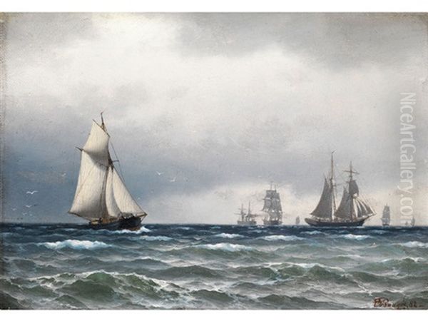 Marinestuck Mit Segelschiffen Auf Hoher See Vor Grauem Himmel Oil Painting by Carl Emil Baagoe