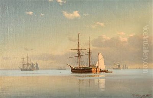 Seascape With Sailing Ships On A Calm Summer Day by Carl Emil Baagoe