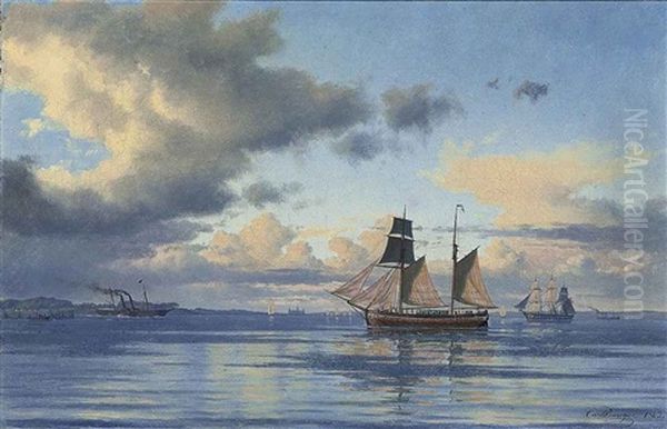 A Paddlesteamer, A Coastal Trader And Other Shipping In The Sound Off Kronborg Castle, Elsinore, Denmark Oil Painting by Carl Emil Baagoe