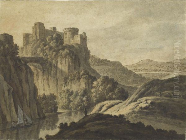 A River Landscape With A Castle On An Escarpment Oil Painting by Robert Adam