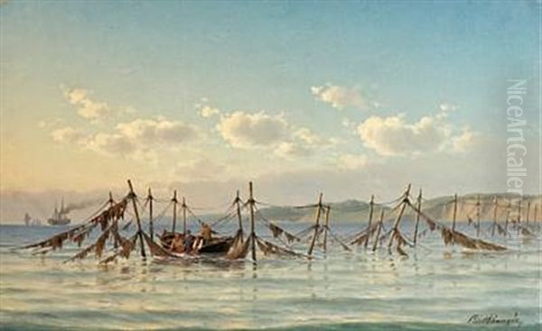 Early Morning By The Fishing Village Of Humlebaek, Fishermen Are Checking The Nets Oil Painting by Carl Emil Baagoe