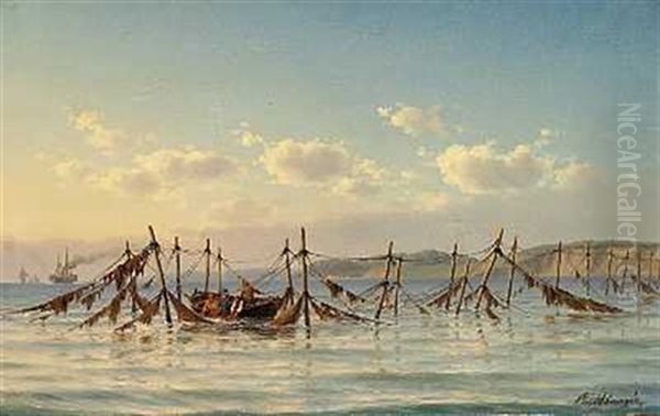 Tidlig Morgen Ud For Fiskerleiet Humlebaek; Fiskere Rogte Bundgarn Oil Painting by Carl Emil Baagoe