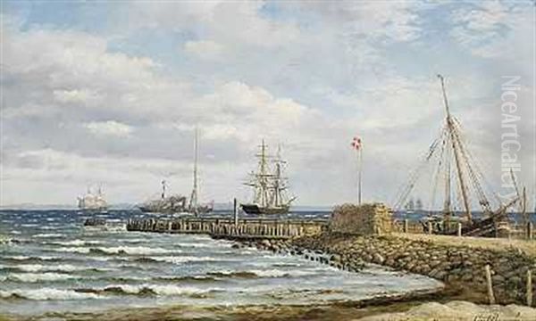 Skibe Ud For Humlebaek, I Forgrunden Stenmole Oil Painting by Carl Emil Baagoe