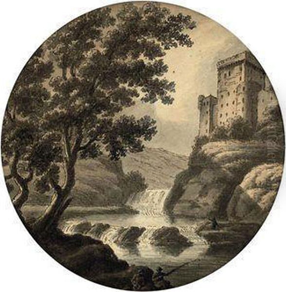 Capriccio, With A Castle Above A Waterfall Oil Painting by Robert Adam