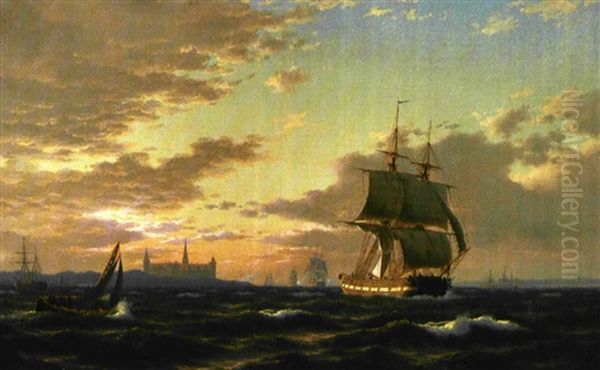 Sejlskibe I Sundet Ud For Kronborg Oil Painting by Carl Emil Baagoe