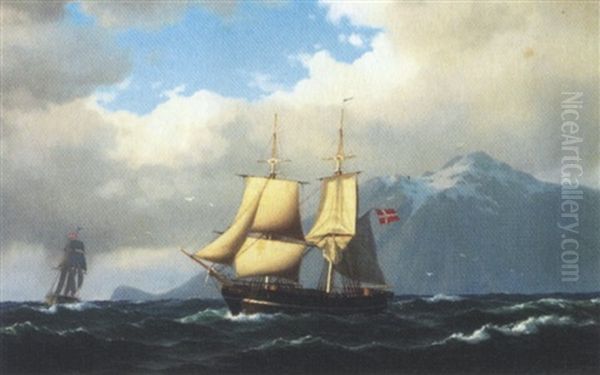 Marine Med Sejlskibe Udfor Kyst, I Baggrunden Sneklaedte Bjergtinder Oil Painting by Carl Emil Baagoe