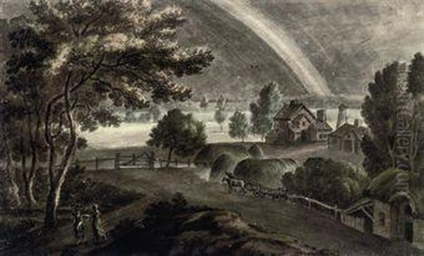 Figures And A Hay Cart At A Farm, A Rainbow In The Distancebeyond Oil Painting by Robert Adam