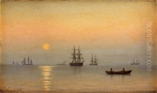 Two Figures In A Dingby With Sailing Ships In The Distance Oil Painting by Carl Emil Baagoe