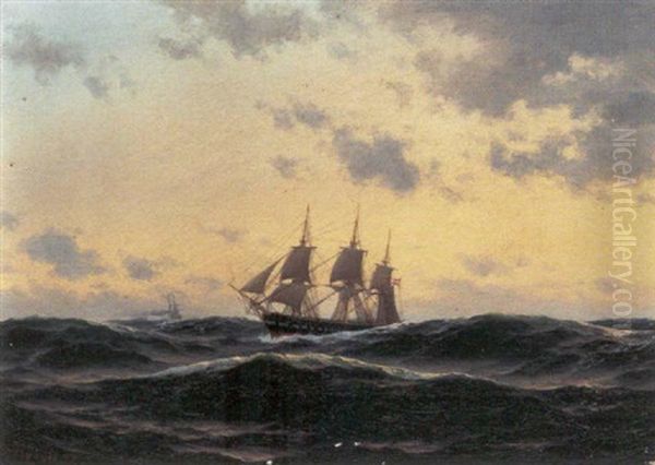 Marine Med Skibe Pa Havet Henunder Aften Oil Painting by Carl Emil Baagoe