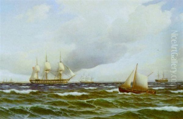 Marine Med Talrige Sejlskibe Og Damper Pa Havet, Hvorover Tunge Regnskyer Oil Painting by Carl Emil Baagoe