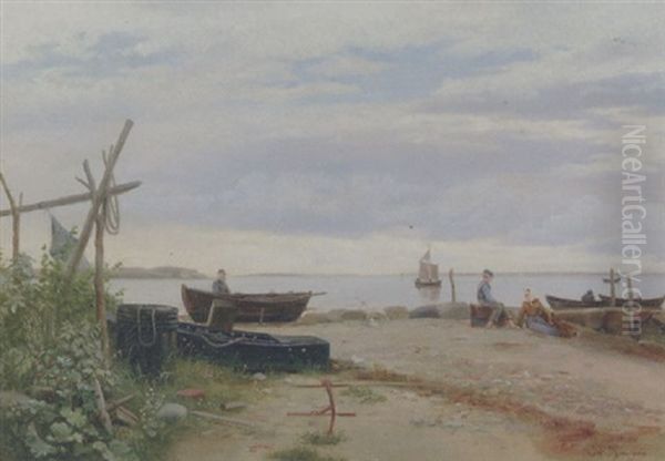 Nordsjaellandsk Kystparti Med Born I Strandkanten Oil Painting by Carl Emil Baagoe