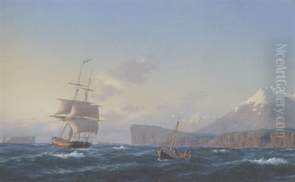 Marine Ud For Islands (?) Kyst Med Indadgaende Tomastet Sejlskib Og Sejlbad For Udadgaende Oil Painting by Carl Emil Baagoe