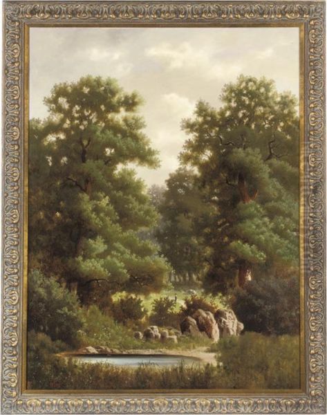 A Figure In A Wooded Glade, A Pond In The Foreground Oil Painting by Robert Adam