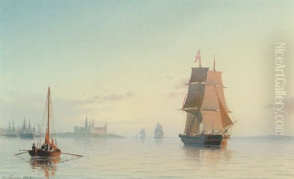 Stille Sommerdag I Sundet Ud For Kronborg Med Mange Sejlskibe Oil Painting by Carl Emil Baagoe