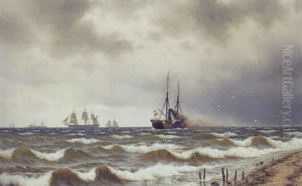 Marine Med Dampskib Taet Pa Kysten Og Sejlskibe I Horisonten Oil Painting by Carl Emil Baagoe