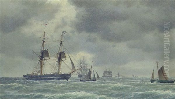 Marine Med Mange Skibe, Et Med Engelsk Flag Oil Painting by Carl Emil Baagoe