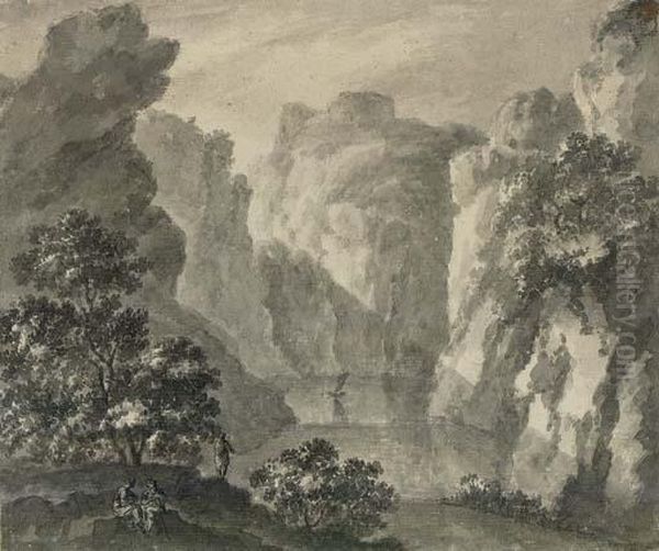 A Gorge With A Boat And Figures In The Foreground Oil Painting by Robert Adam