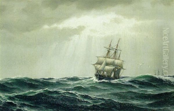 Marine Med To Sejlskibe, Solen Bryde Igennem Oil Painting by Carl Emil Baagoe