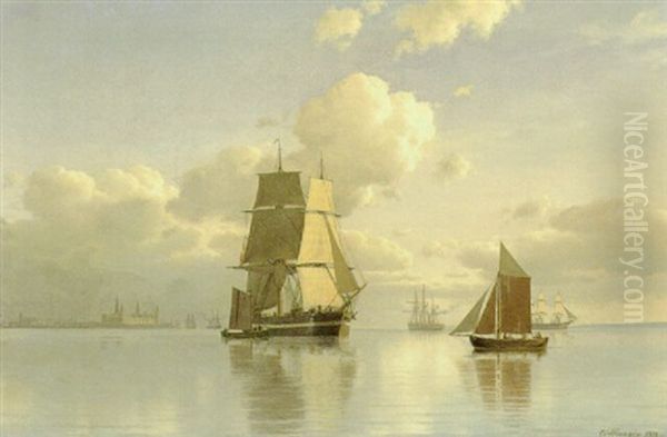 Sejlskibe Pa Helsingor Rhed I Forgrunden Til Hojre En Kadrejer Oil Painting by Carl Emil Baagoe