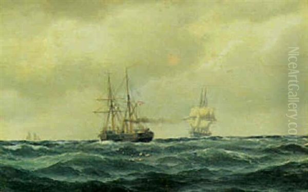 Marine Med Sejlskibe Pa Havet Oil Painting by Carl Emil Baagoe