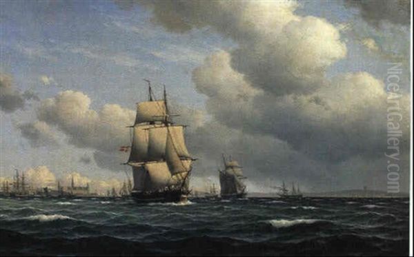 Marine Med Mange Skibe I Oresund Ud For Kronborg Oil Painting by Carl Emil Baagoe