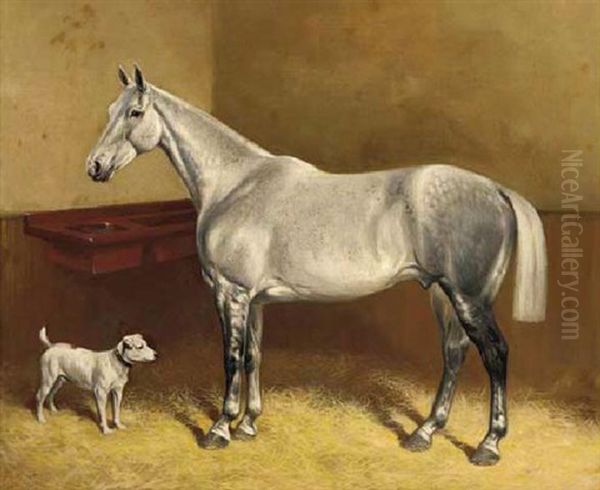 A Dappled Grey And A Terrier In A Stable Oil Painting by Frank Babbage