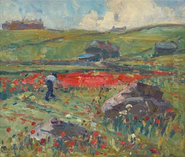 Untitled [a Farmer Tends His Field Of Flowers] Oil Painting by Herbert Ivan Babbage