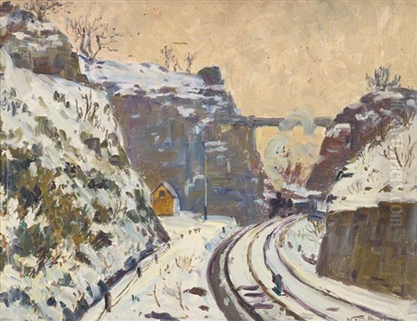 Untitled [a Bend In The Railway In The Snow] Oil Painting by Herbert Ivan Babbage