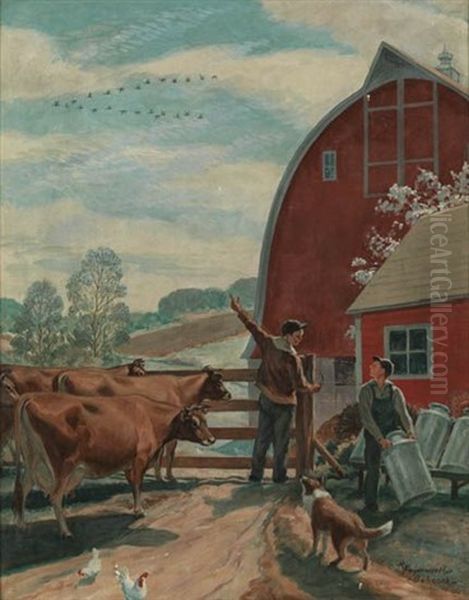 Farm Scene Oil Painting by Richard Fayerweath Babcock