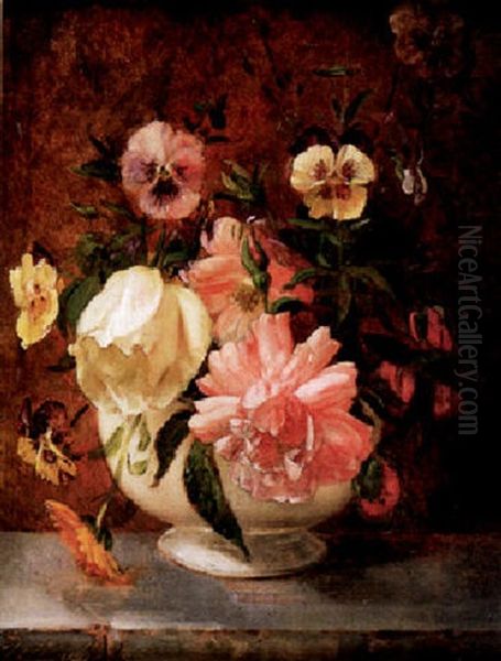 Roses And Pansies In A White Vase Oil Painting by William P. Babcock