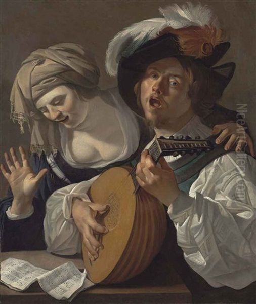 A Lute Player And A Singer, A Musical Score On The Table Oil Painting by Dirck Van Baburen