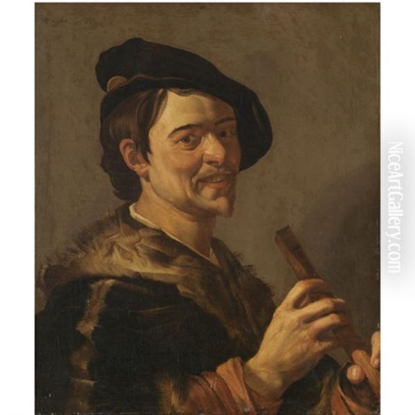 A Portrait Of The Artist Holding A Flute Oil Painting by Dirck Van Baburen