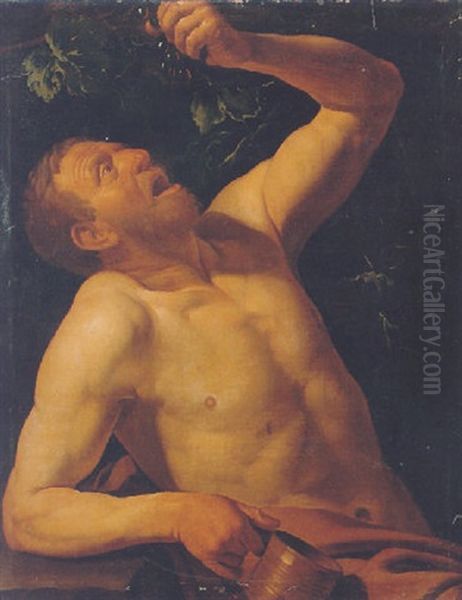 A Man Squeezing Grapes In His Mouth Oil Painting by Dirck Van Baburen