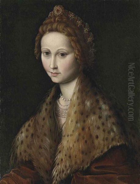 Portrait Of A Lady, Half-length, In A Red Coat With A Leopard-fur Mantle, Pearls And Jewels In Her Hair Oil Painting by  Bacchiacca