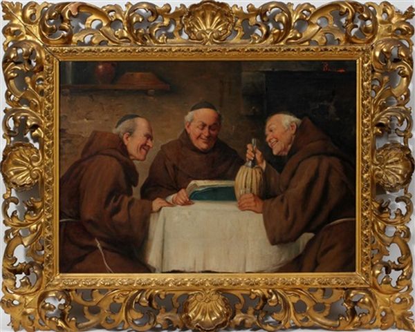 Monks Around A Table Oil Painting by Adolfo Bacci