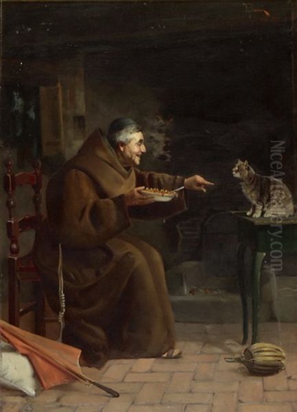 Kapuziner Ein Katzchen Futternd Oil Painting by Adolfo Bacci