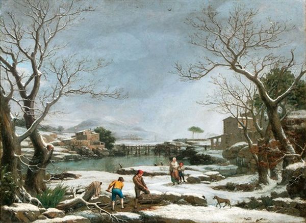 Winter Landscape With Faggot Gatherers Oil Painting by Giuseppe Baccigaluppo